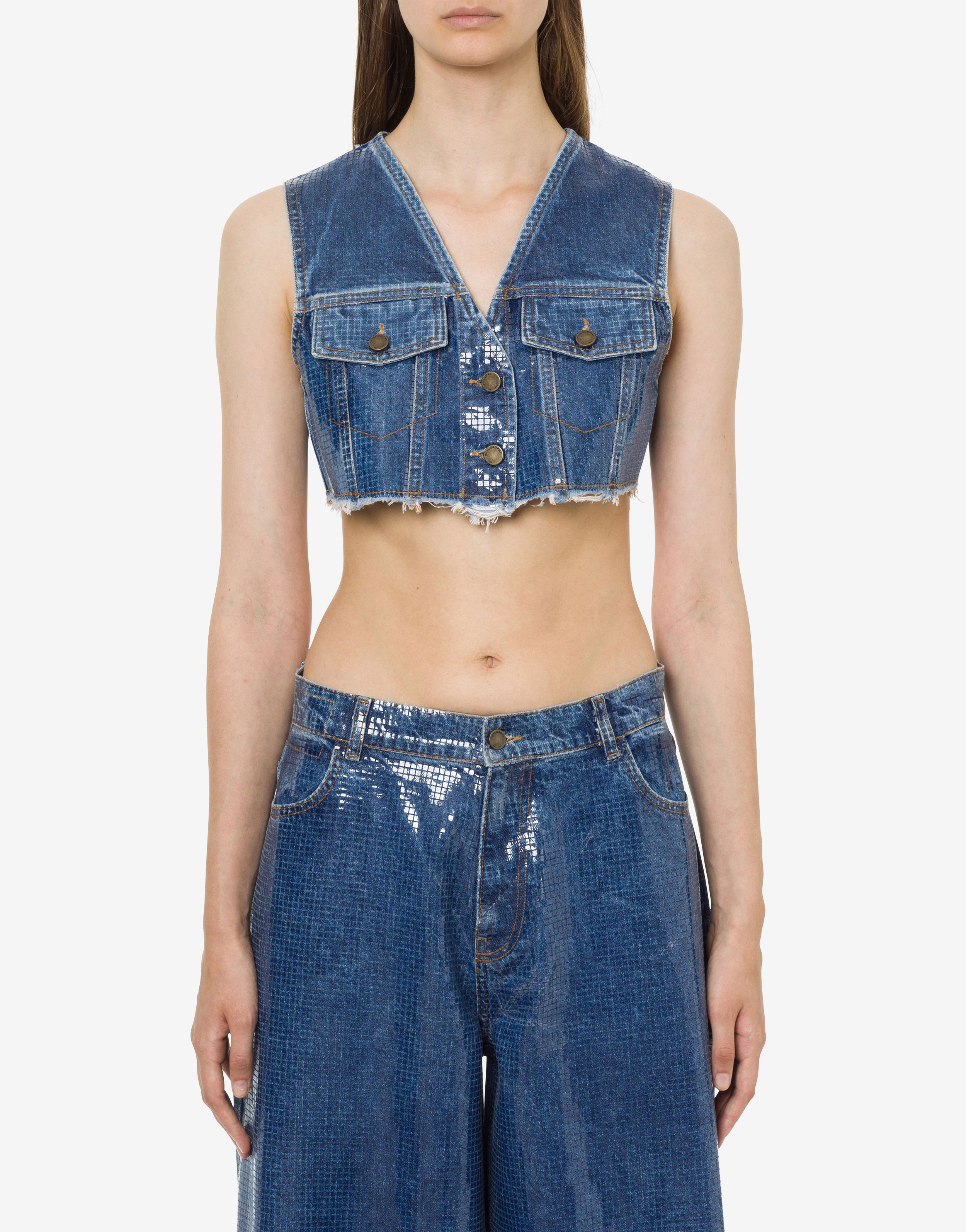 Cropped denim gilet with sequins